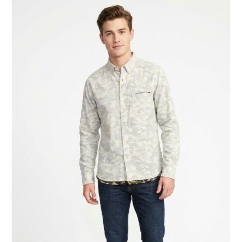 Beams Heart | Mens Camo Reversible Look Double Layer Cotton Button Down | L